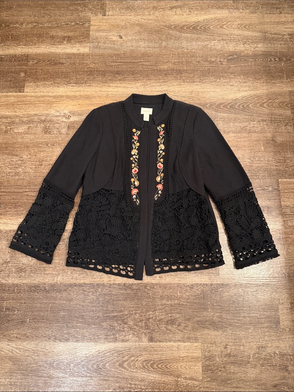 Chico's Black Crochet Lace Jacket with Floral Embroidery